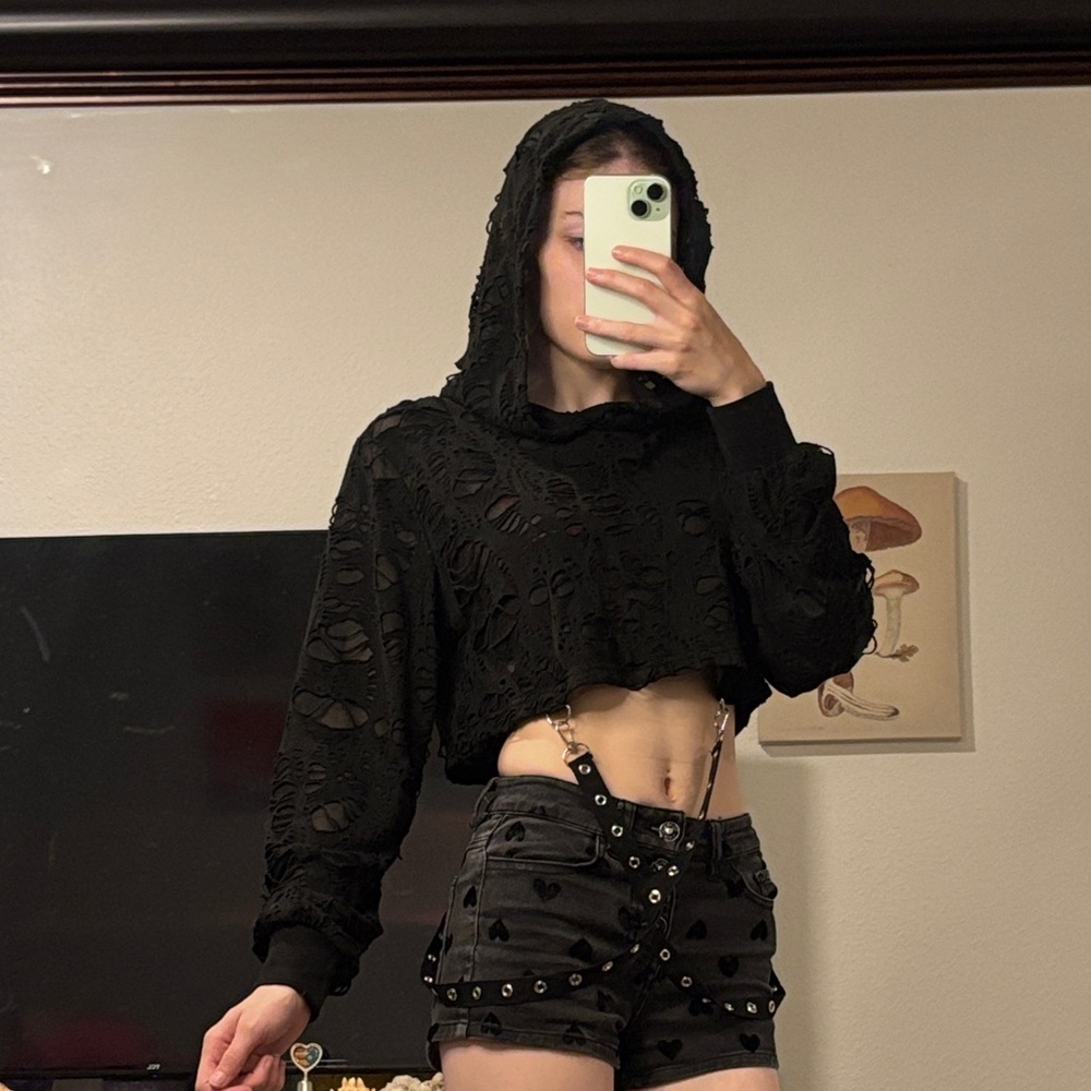 NWOT SHEIN XS Black Distressed Hoodie